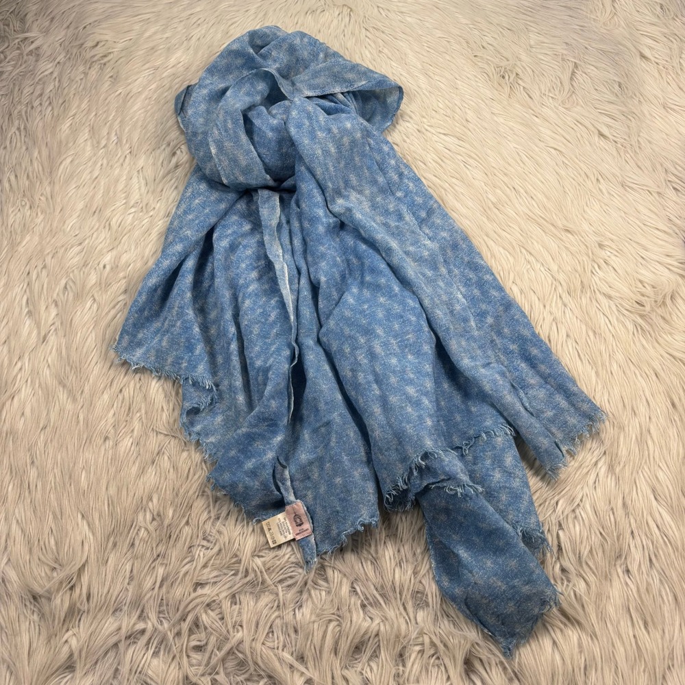Beck Sondergaard Blue Printed Scarf Wrap Raw Hem Wool Silk Blend Artsy Euro